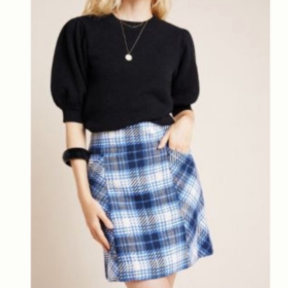 Anthropologie Size 16W Blue Plaid Maeve Slim Corduroy “Velvet” Mini Skirt NWT
